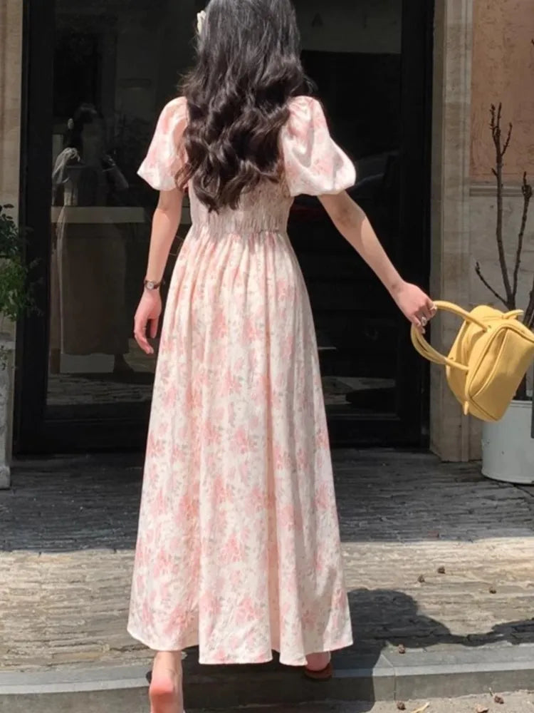 pantsparadises Summer Floral Printed Midi Dress Women Off Shoulder Puff Sleeve Fairy A-line Elegant Dresses Casual Korean Fahion Vestidos Mujer