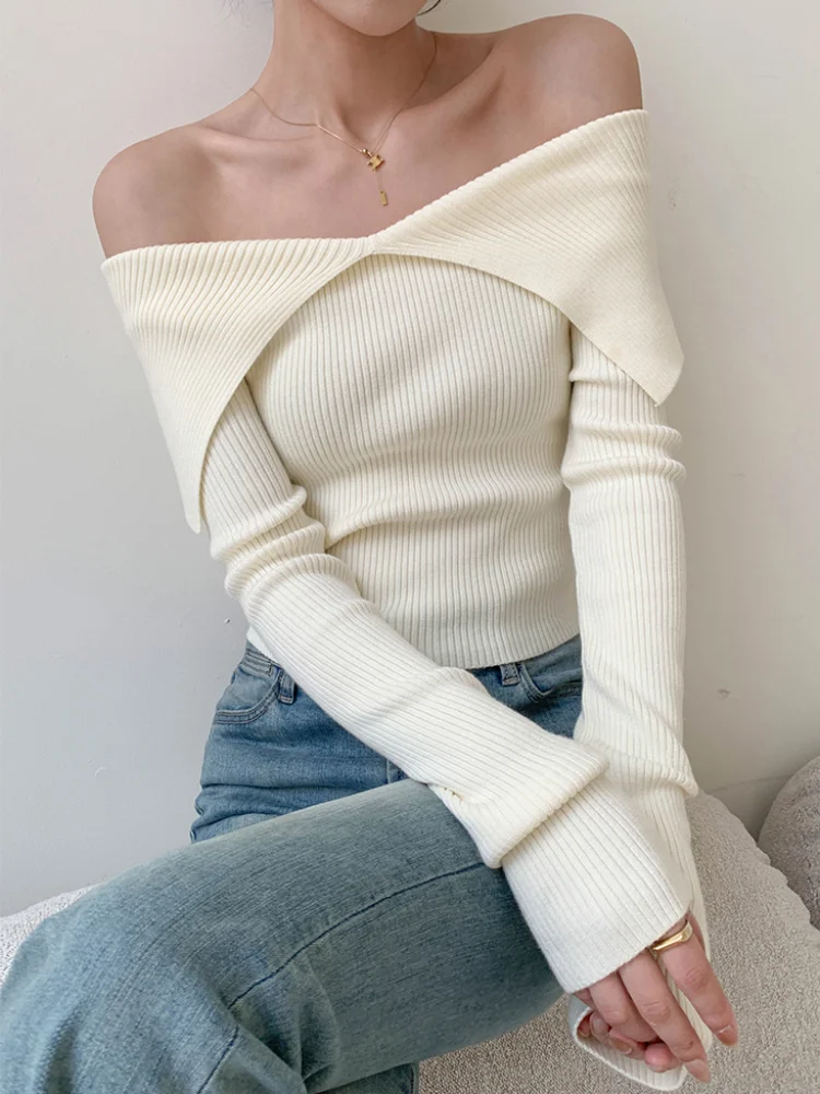 pantsparadises Autumn Winter Women Sweaters Casual Long Sleeve Knitted Pullover Sweater Basic Solid Sexy Off Shoulder Crop Top Fashion Clothes