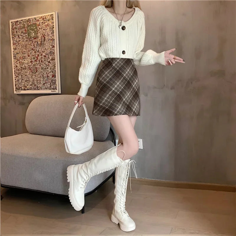 pantsparadises Skirts Women Woolen Tender Fashion High Waist Retro Plaid Elegant A-line Casual Ladies Minimalist All-match Autumn Korean Style