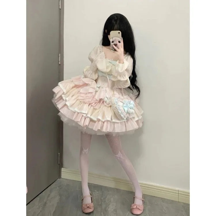 pantsparadises Sweet Heavy Lolita Ruched Cake Dress for Women Summer New Slim Waist Dresses Y2k Grunge Long Sleeve Vestidos Mujer