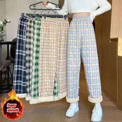 pantsparadises Fashion Warm Plush Pants Cashmere Thick Plaid Ladies Winter Casual Loose Wide-legged Pants Korean Streetwear Students