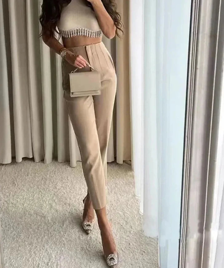 pantsparadises Women Fashion With Pockets Casual Basic Solid Pants Vintage High Waist Zipper Fly Female Ankle Trousers Pantalones Mujer