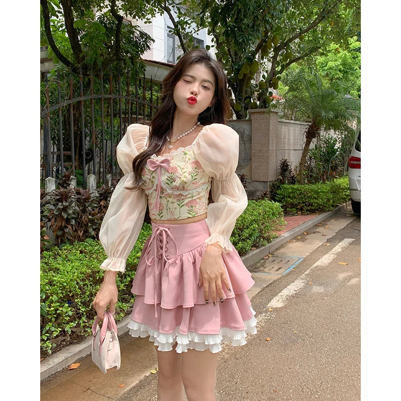 pantsparadises Autumn Pink Kawaii Mini Skrts Women Lace Patchwork Korean Fashion Party Skirt Female Casual Chic Designer Bandage Skirts