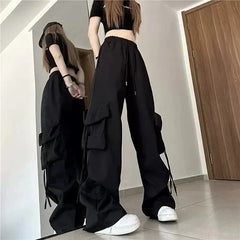 pantsparadises Hip Hop Cargo Pants Women Jazz Black Big Pockets Streetwear Trousers High Waisted Solid Fashion Harajuku Y2K Wide-Legged Pants