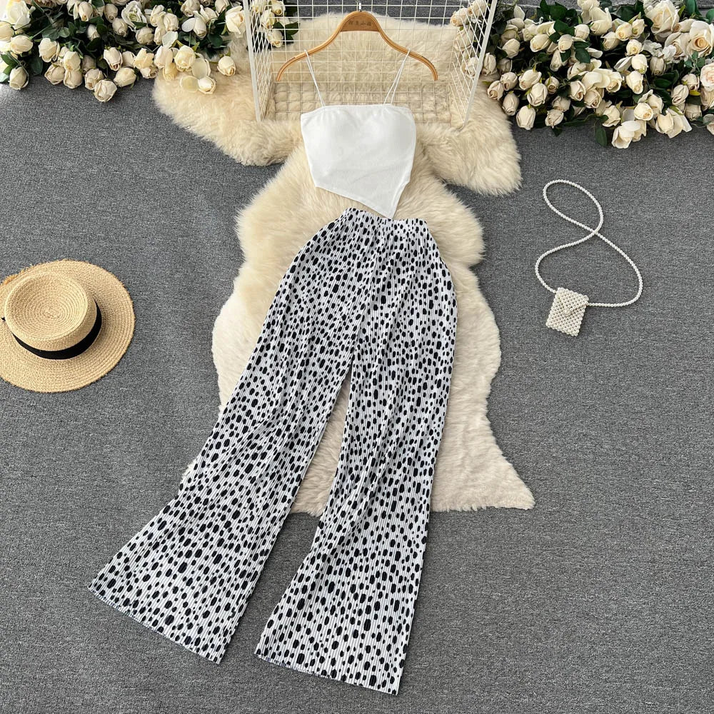 pantsparadises Summer Spaghetti Strap Crop Tops and Pantsuit Women Elegant Floral Casual Chic Beach Holiday Outfits Female Sexy 2 Pieces Set