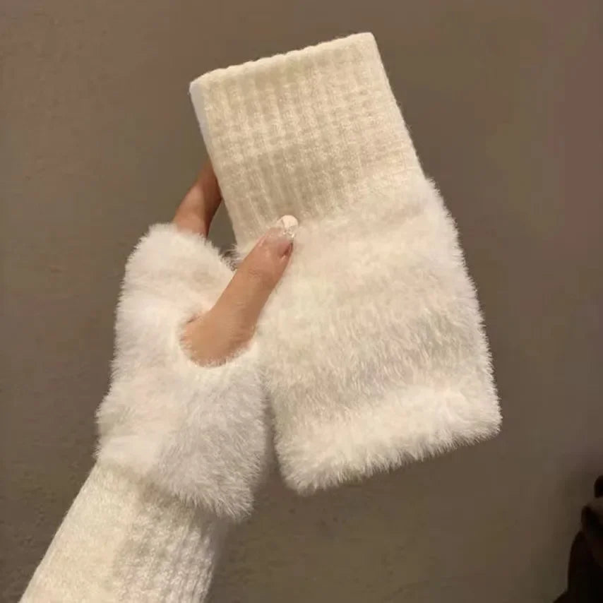 pantsparadises Mink Fleece Soft Winter Half Finger Gloves Women Warm Luxury Solid White Plush Knitted Fingerless Gloves Wrist Mittens Writting