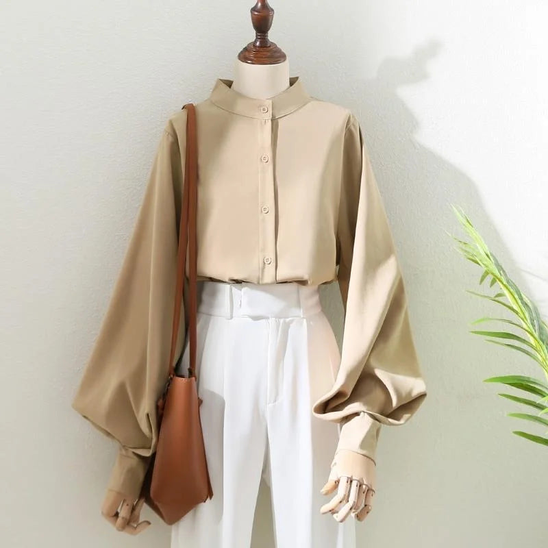 pantsparadises Woman Spring Autumn Style Blouses Shirt Lady Long Lantern Sleeve Stand Collar Loose Blusas Tops