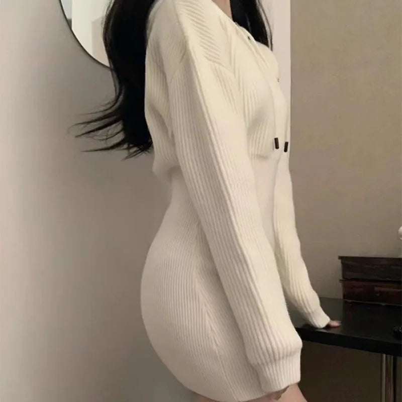 pantsparadises Sexy White Thicken Knit Mini Dress Woman Korean Elastic High Waist Bandage Dresses Women Hooded Outwear Long Sleeve Slim Dress