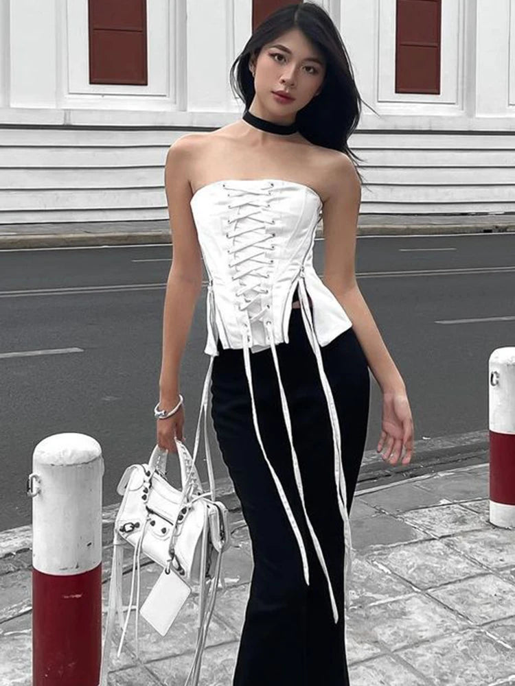 pantsparadises Streetwear Lace -up Bandage Corset Bodycone Off Shoulder Chic Aesthetic Y2K Crop Top Women Korean Summer Bustiers Camis