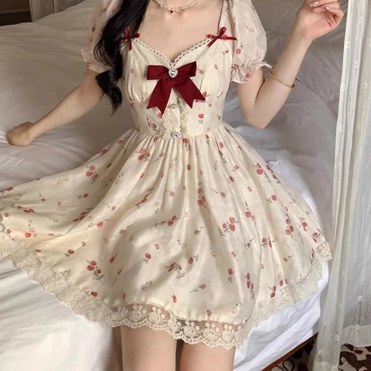 pantsparadises DRESS TO IMPRESS Coquette Lace Trim Bowknot Mini Dress Women Sweetheart Puff Sleeves Ruffle Floral Princess Lolita OP Summer Clothes