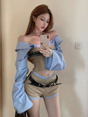 pantsparadises Woman Korean Style Suit Off Shoulder Striped Sexy Shirt + Hight Street Slim Shorts Y2k E-girls Aesthetics Fashion 2 Piece Set