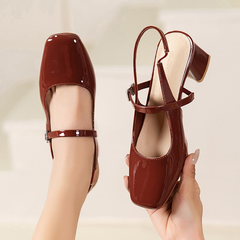 pantsparadises High Heels Mary Jane Sandals Women Summer Red Patent Leather Slingbacks Pumps Woman Square Toe Thick Heeled Shoes Ladies