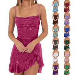 pantsparadises DRESS TO IMPRESS Sexy Slim Fitting Fashion Solid Color Sequin Back Cross Tie Ruffle Edge Sleeveless Suspender Irregular Hem Pleated Party Dress