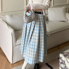 pantsparadises Preppy Style Plaid Long Skirt Women Sweet Elegant Vintage Pleated Skirt High Waist Autumn Winter Retro A-line Skirts