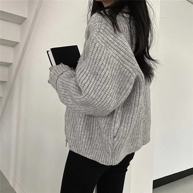 pantsparadises Autumn Women's Knitted Jacket New Korean Chic Casual Sweater Coat Solid Color Zipper Thick O Neck Cardigans Women