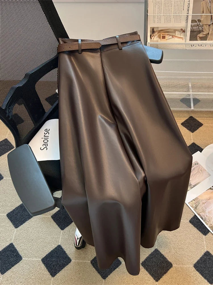 pantsparadises Women's A-line Brown Pleated PU Skirt Vintage 90s Aesthetic Y2k Grey Long Skirt Harajuku Korean Skirts 2000s Clothes