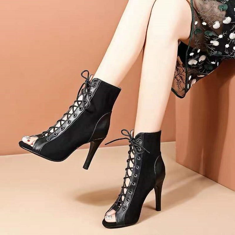 pantsparadises Lace-Up Sandals Heels 9CM Women's Shoes Summer Trend Black Sexy Peep Toe Boots Fashion Cloth Stilettos Jazz Dance Female