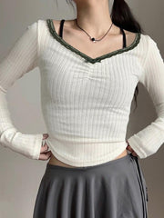 pantsparadises Lace Bow Contrast Ribbed Top