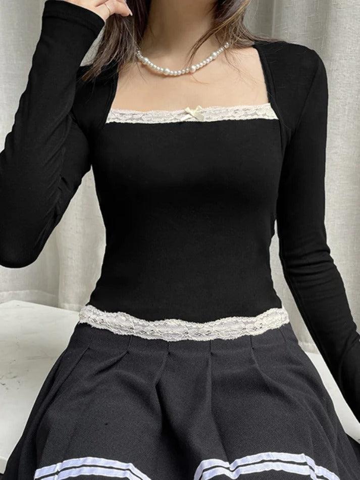 pantsparadises French Lace Trim Splice Slim Long Sleeve Tee