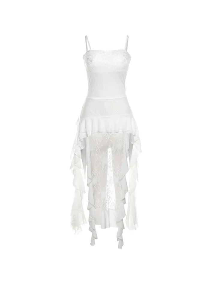 pantsparadises Lace Splice Irregular Ruffled Hem Cami Top