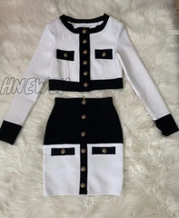 Ailigou New Aummer 2 Piece Suit Patchwork Black White O - Neck Long Sleeve Pocket Button Mini Hip