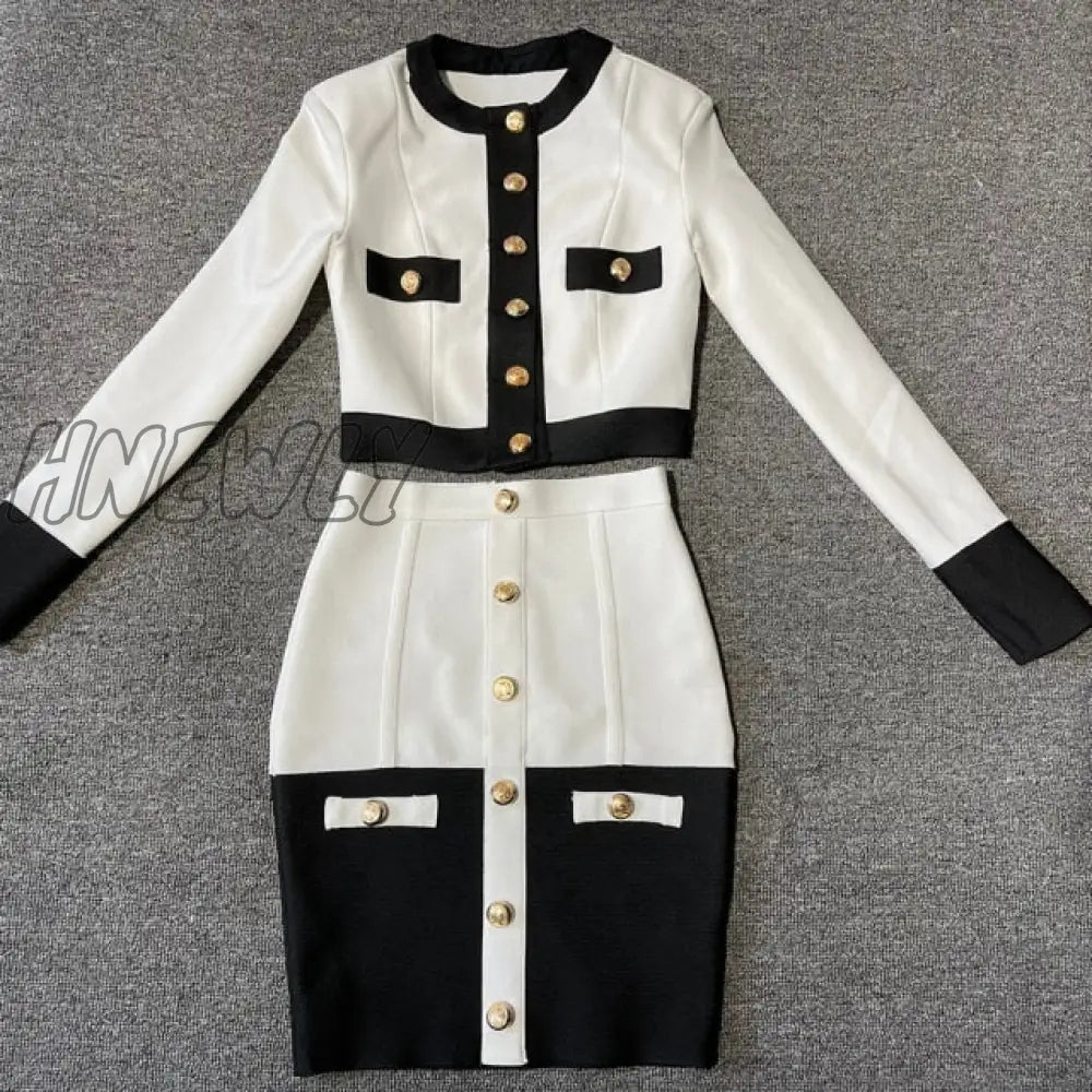 Ailigou New Aummer 2 Piece Suit Patchwork Black White O - Neck Long Sleeve Pocket Button Mini Hip