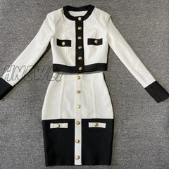 Ailigou New Aummer 2 Piece Suit Patchwork Black White O - Neck Long Sleeve Pocket Button Mini Hip