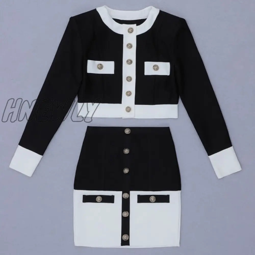 Ailigou New Aummer 2 Piece Suit Patchwork Black White O - Neck Long Sleeve Pocket Button Mini Hip