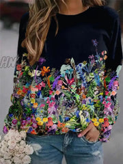 Autumn And Winter Women’s Flower Print Top Loose Long - Sleeved Round Neck Sweater Casual