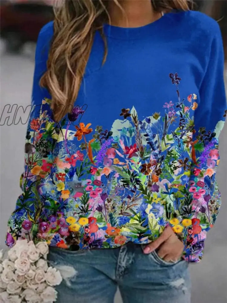 Autumn And Winter Women’s Flower Print Top Loose Long - Sleeved Round Neck Sweater Casual