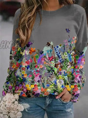 Autumn And Winter Women’s Flower Print Top Loose Long - Sleeved Round Neck Sweater Casual