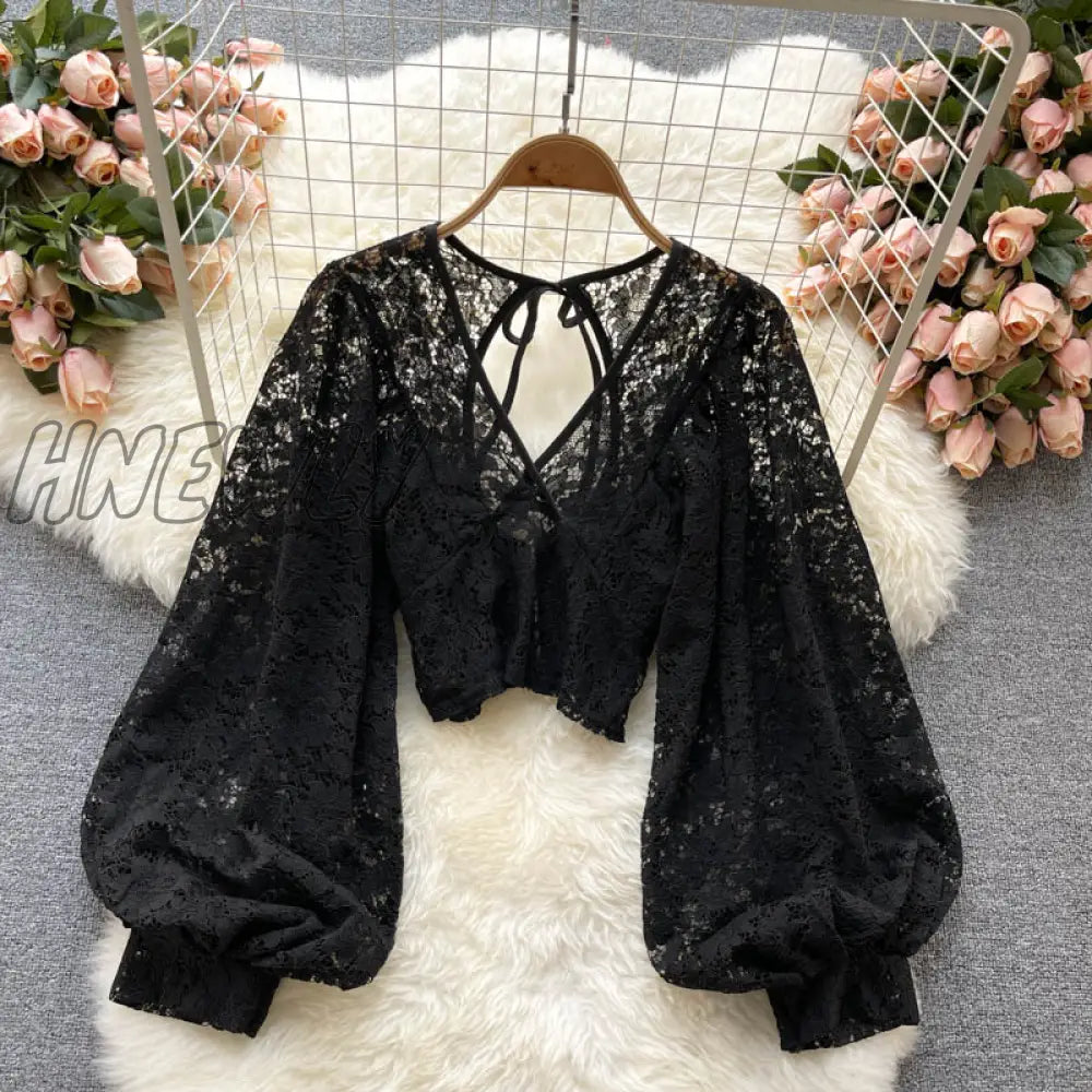 Autumn Black/White/Brown Sexy Lace Blouse Women Elegant V - Neck Puff Long Sleeve Open Back Short