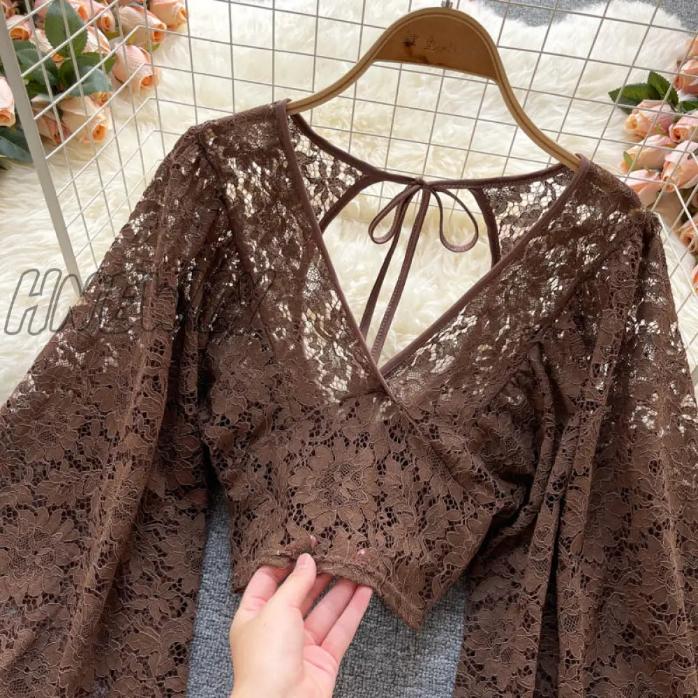 Autumn Black/White/Brown Sexy Lace Blouse Women Elegant V - Neck Puff Long Sleeve Open Back Short