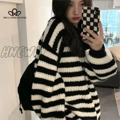 Autumn Winter New Thickened Round Neck Striped Pullover Sweater Female Students Lazy Loose