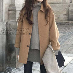 Autumn Women Faux Wool Coat Long Sleeve Single Breasted Fashion Turn Down Female Blends Causal