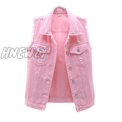 Autumn Women Plus Size Denim Vest Sleeveless Waistcoat Students Casual Tops Jeans Jackets Red Pink