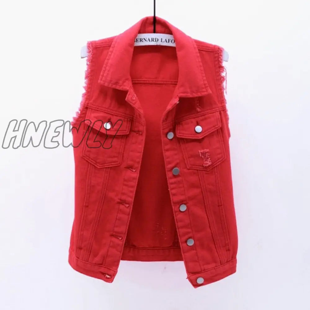 Autumn Women Plus Size Denim Vest Sleeveless Waistcoat Students Casual Tops Jeans Jackets Red Pink