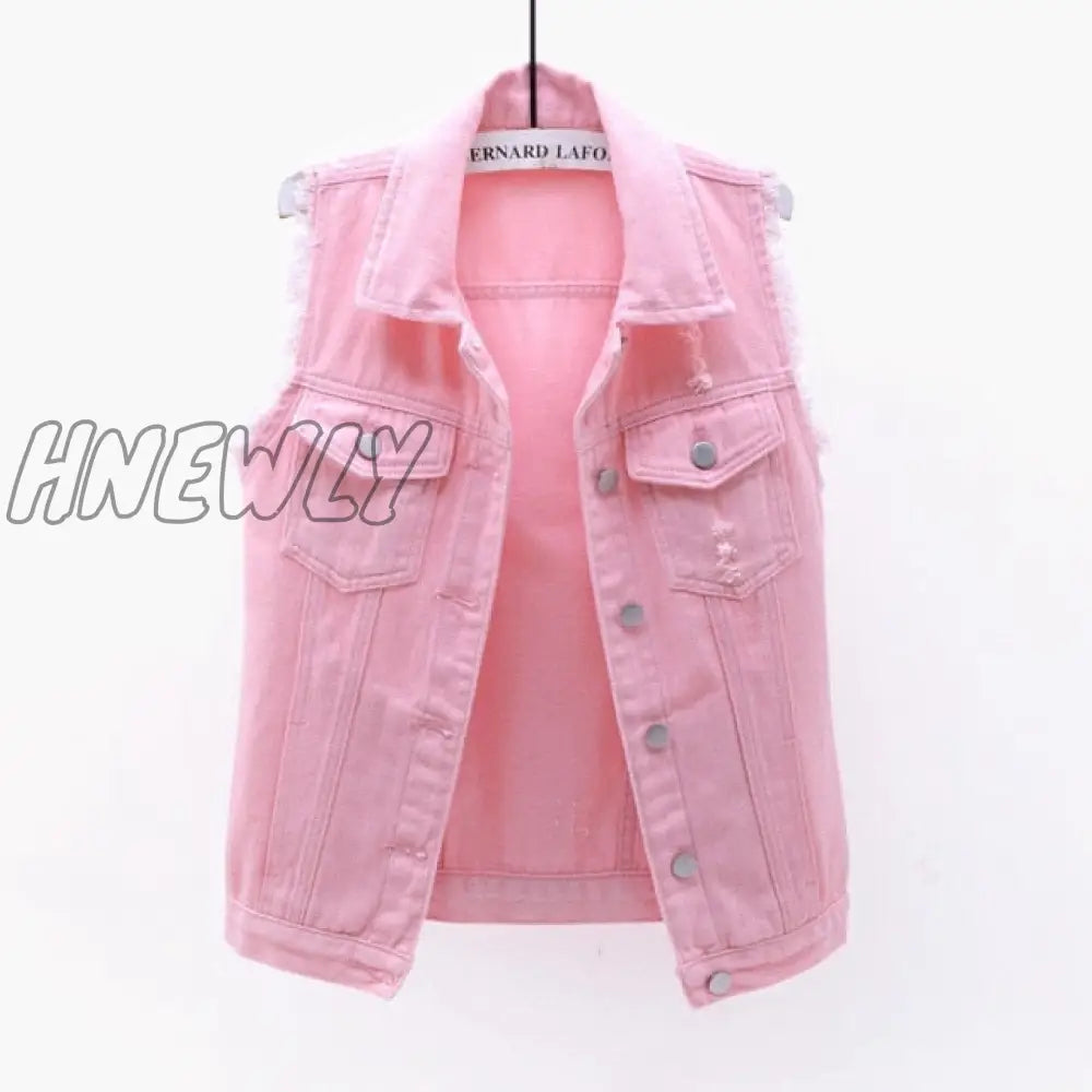 Autumn Women Plus Size Denim Vest Sleeveless Waistcoat Students Casual Tops Jeans Jackets Red Pink