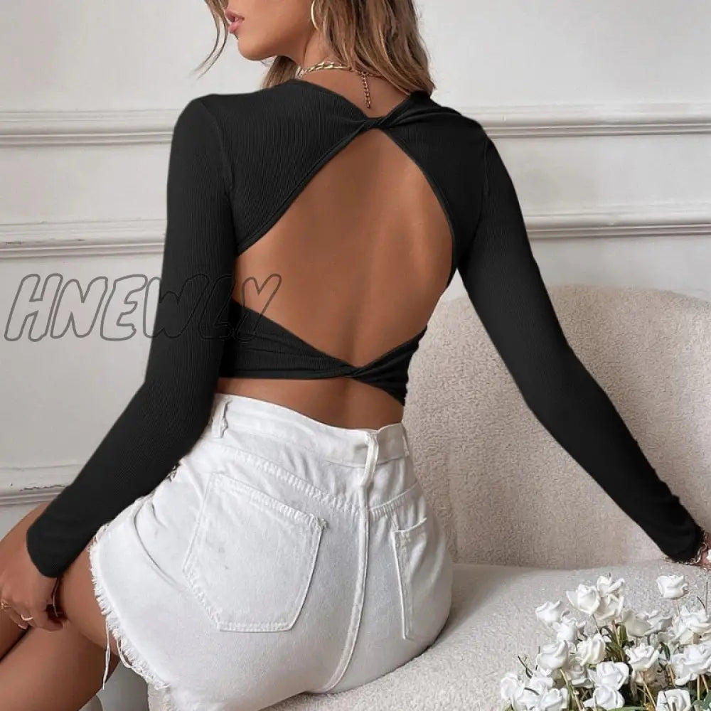 Backless T-Shirts Long Sleeve Top Cut Out Tshirt Green Tees Autumn Winter Pullover O Neck Black Tee