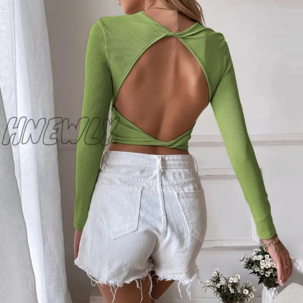 Backless T-Shirts Long Sleeve Top Cut Out Tshirt Green Tees Autumn Winter Pullover O Neck Black Tee