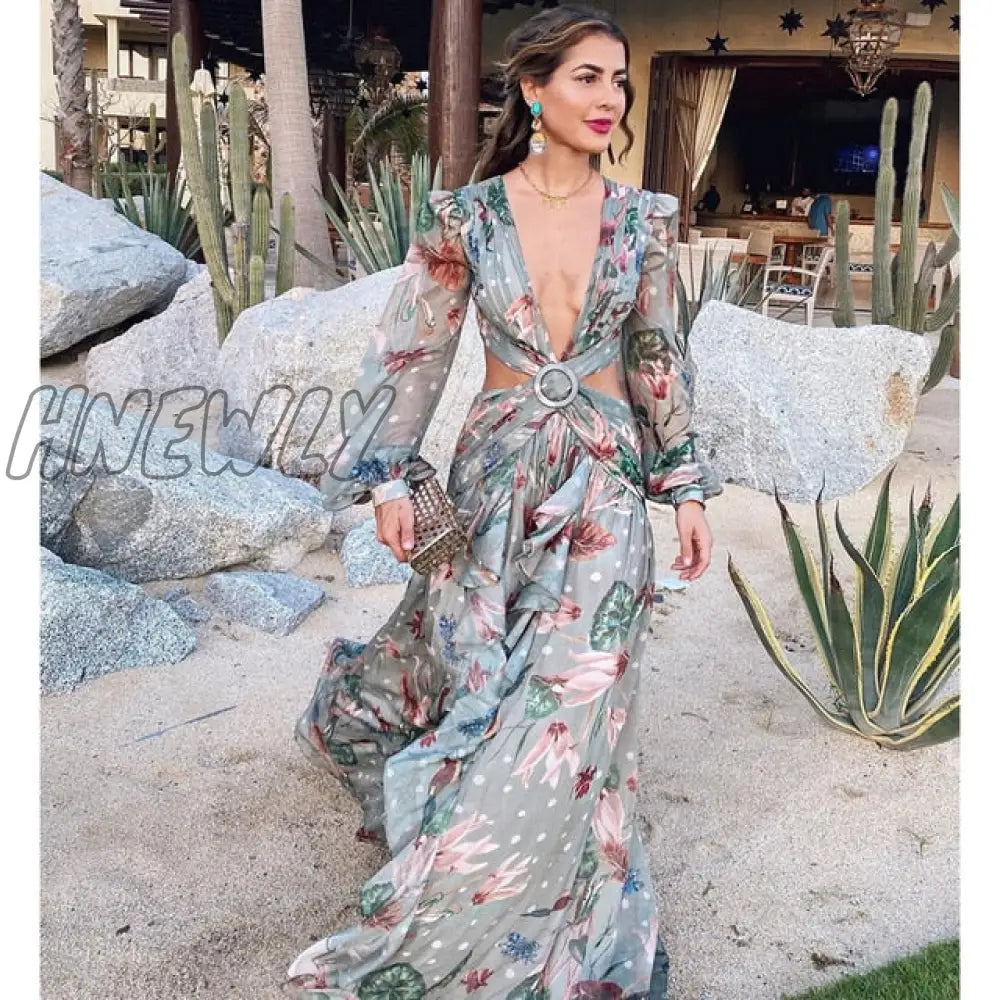 Beach Dress Summer Floral Swimsuit Print Belt Bathing Suit Women Long Cover Up Off Shoulder