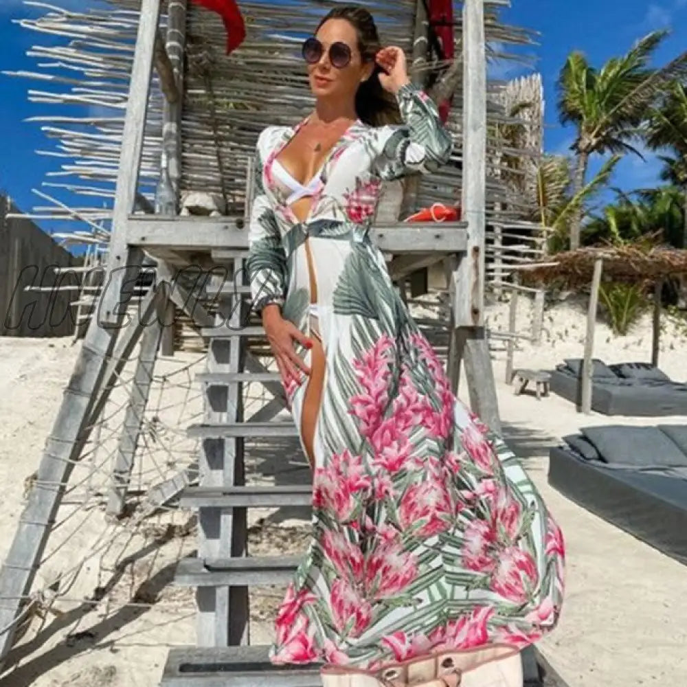 Beach Dress Summer Floral Swimsuit Print Belt Bathing Suit Women Long Cover Up Off Shoulder