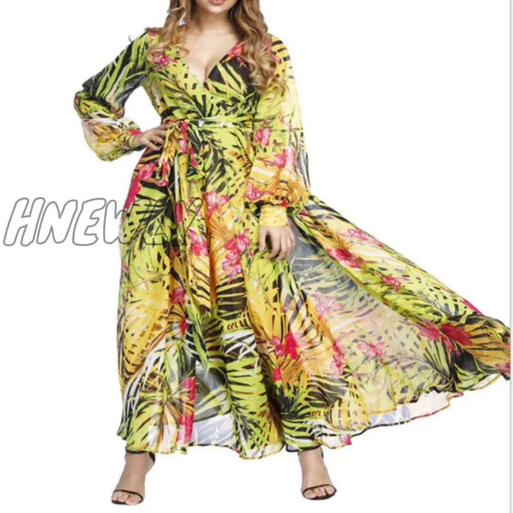 Beach Dress Summer Floral Swimsuit Print Belt Bathing Suit Women Long Cover Up Off Shoulder