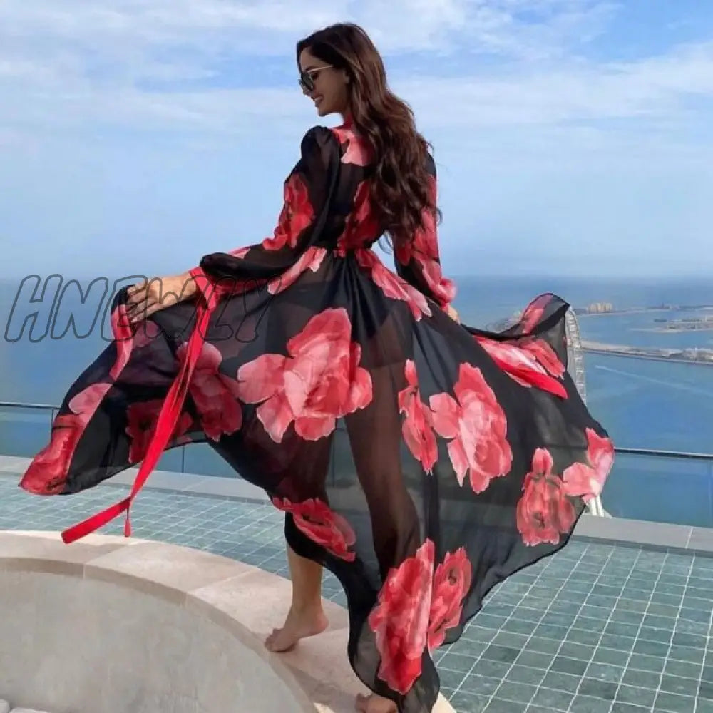 Beach Dress Summer Print Swimwear Women Sexy Cover Up Solid Long Tunic Bubble Sleeve Swimsuit With