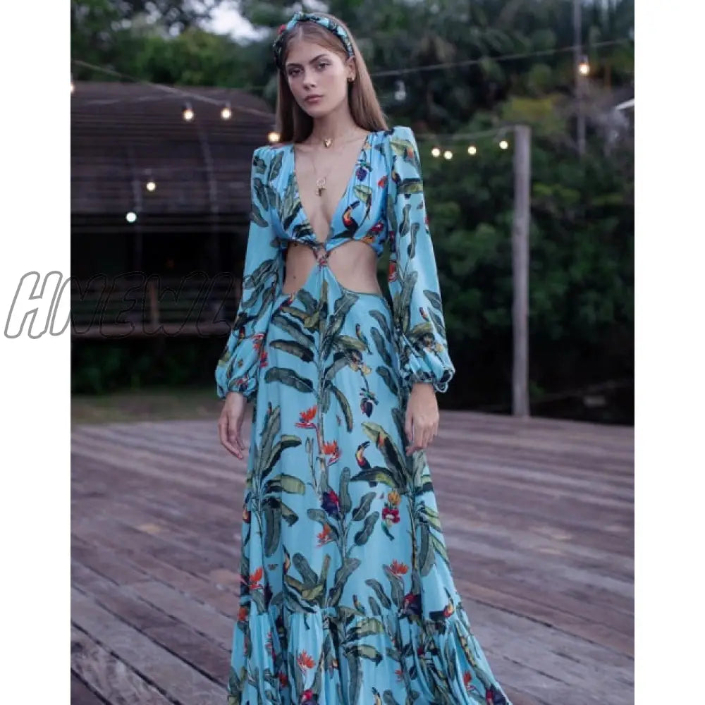 Beach Dress Summer Print Swimwear Women Sexy Cover Up Solid Long Tunic Bubble Sleeve Swimsuit With