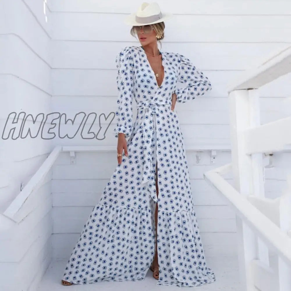 Beach Dress Summer Print Swimwear Women Sexy Cover Up Solid Long Tunic Bubble Sleeve Swimsuit With