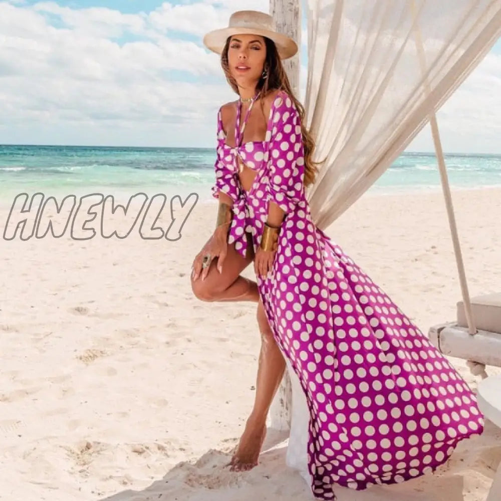 Beach Dress Summer Print Swimwear Women Sexy Cover Up Solid Long Tunic Bubble Sleeve Swimsuit With