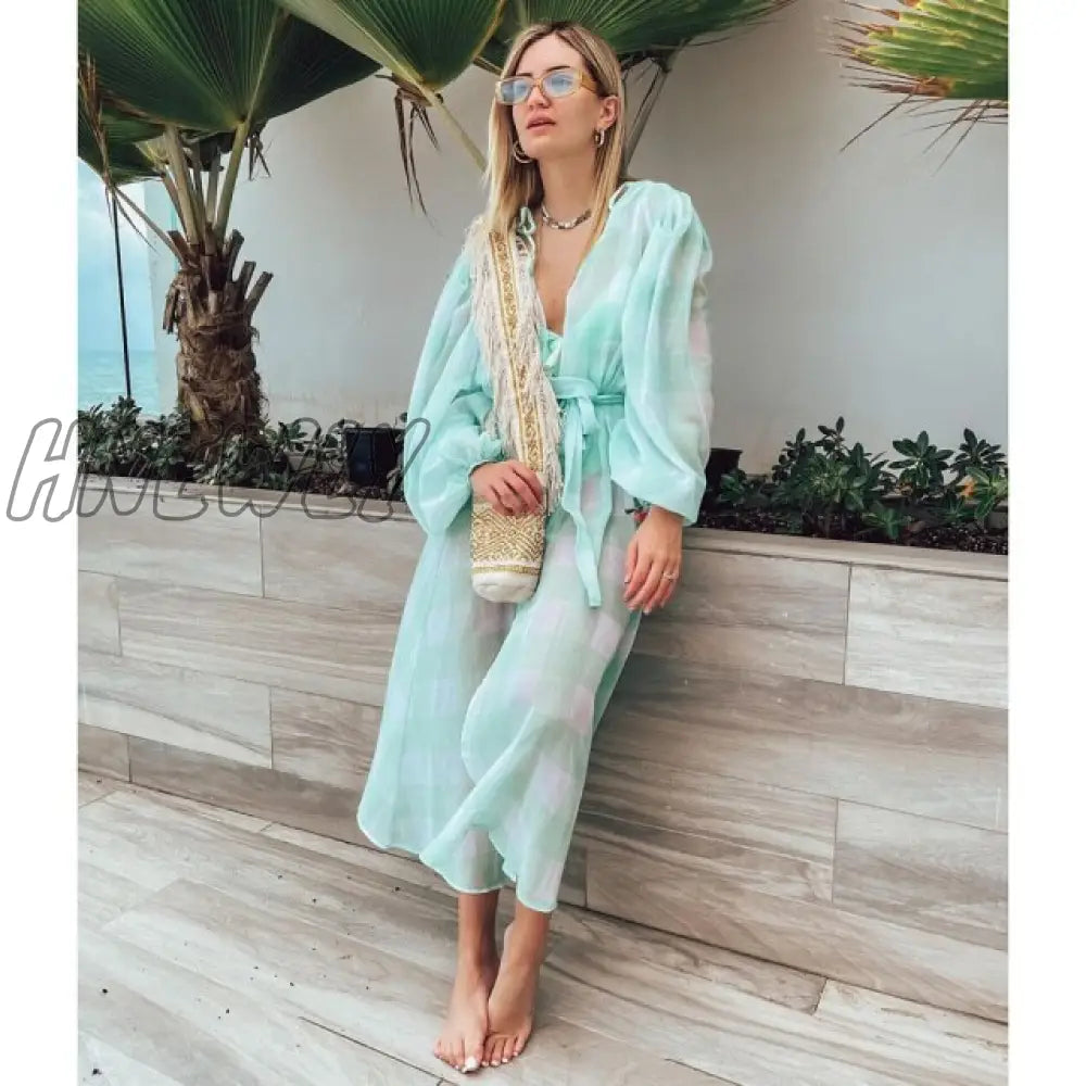 Beach Dress Summer Print Swimwear Women Sexy Cover Up Solid Long Tunic Bubble Sleeve Swimsuit With