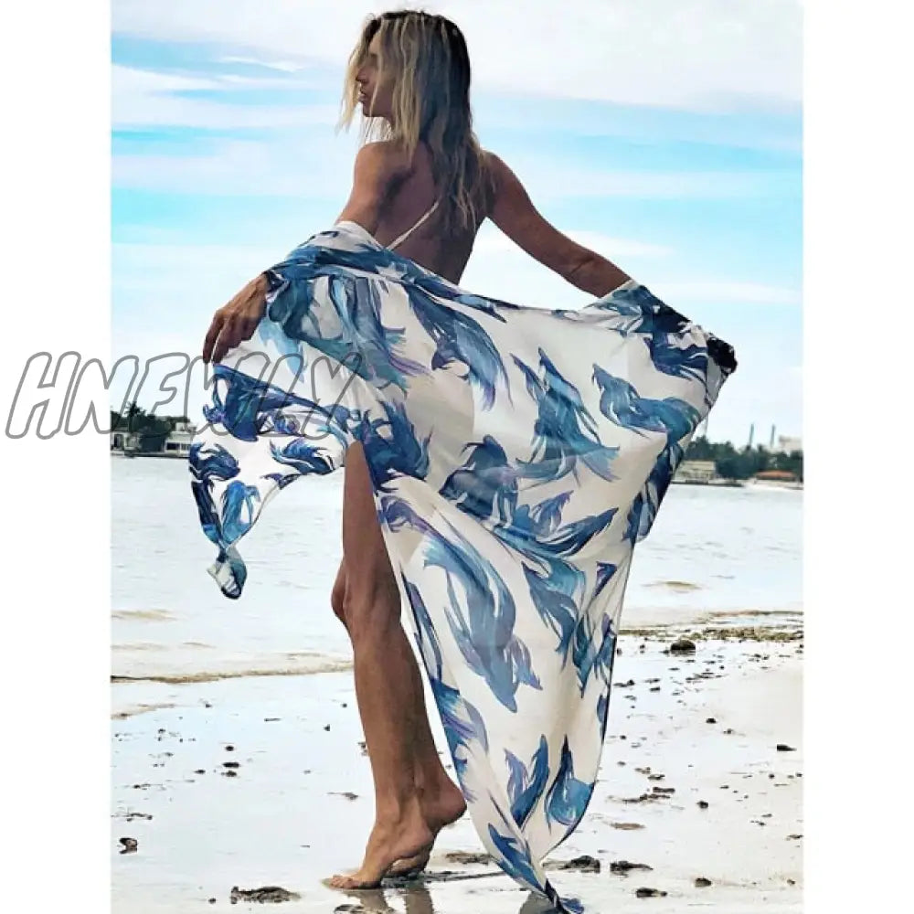 Beach Dress Summer Print Swimwear Women Sexy Cover Up Solid Long Tunic Bubble Sleeve Swimsuit With