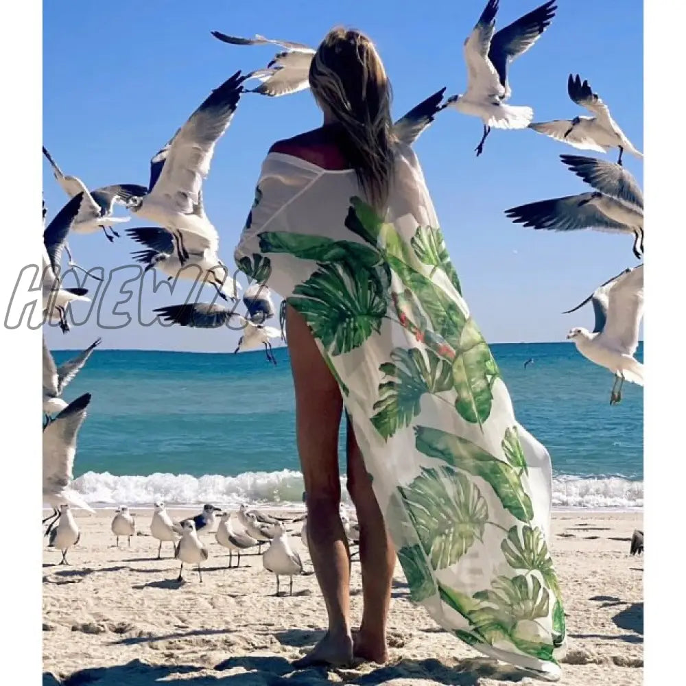 Beach Dress Summer Print Swimwear Women Sexy Cover Up Solid Long Tunic Bubble Sleeve Swimsuit With